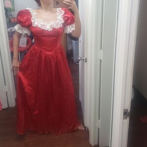 Vtg 80s Loralie Regencycore red maxi dress puff sleeve white lace trim 10.